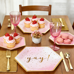 Assiettes en papier hexagonales roses avec logo personnalisé doré - <span class=keywords><strong>Vaisselle</strong></span> <span class=keywords><strong>jetable</strong></span> pour fêtes d'<span class=keywords><strong>anniversaire</strong></span> et célébrations pour filles - Product Image 6