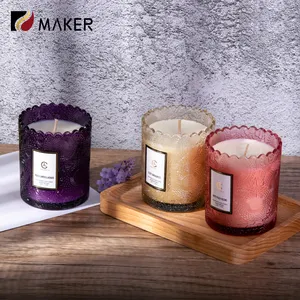 Wholesale Recycled Colorful Round Bottom Embossed Empty Thick Textured Glass Lanterns Holder And Candle Jars For Home Decor Gift
