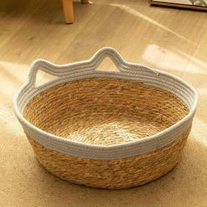 Panier pour animaux de compagnie en corde de coton tressée, nid douillet et chaud pour l'intérieur, maison de couchage pour chat, chien, chiot, chaton, petit animal, fait main, naturel - Product Image 1
