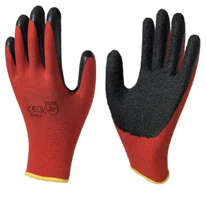 防滑涂层红色尼龙针织橡胶手掌涂层褶皱乳胶保护安全工作手套