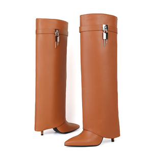 Thin High Heel Pointed Toe Overlay Shoes Dress Stiletto Pants Lock Boots Women's Folded Over Metal Decor Knee High <b>Booties</b> - Product Image 2