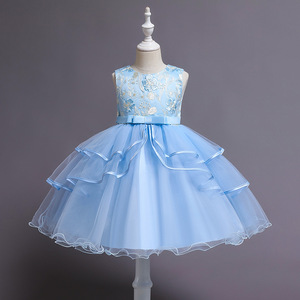Robe de princesse bleu clair pour filles, robe de demoiselle d'honneur en Tulle, coupe trapèze, avec broderie, col rond, sans manches, robe de soirée et de mariage - Product Image 1
