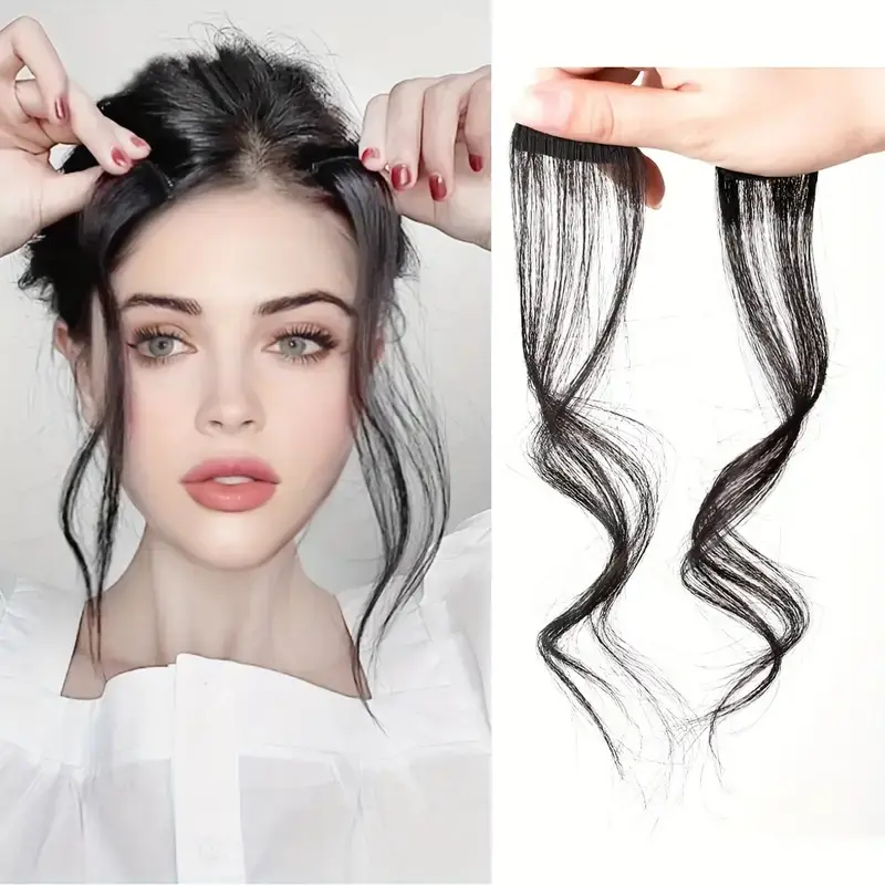 Flequillo de Clip rizado sintético para mujer-Extensión de cabello con flecos frontales de dos lados de 14 pulgadas de largo con flecos falsos de parte media