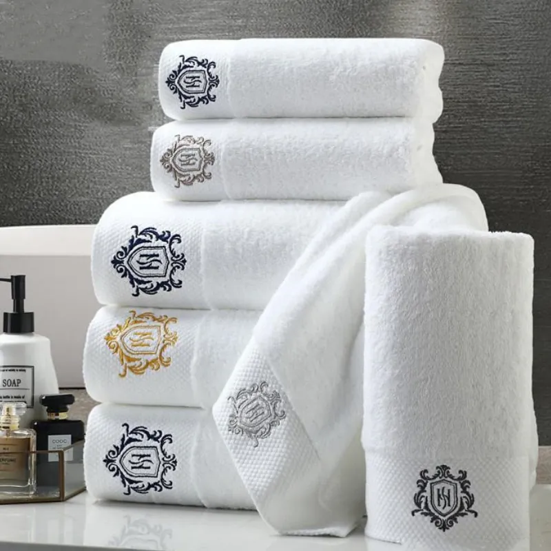 Customized Embroidered Logo White towels sets for Spa 100% Cotton Terry Luxury Bath towel Hotel Towels