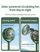 Ventilateur portable solaire rechargeable, double mode, utilisation sur table ou au sol, lumière LED nocturne, charge d'urgence, ventilateur de camping extérieur
