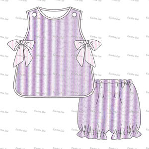 Set di <span class=keywords><strong>Abbigliamento</strong></span> Estivo per Bambine in Seersucker, Vestiti per Bambine con Fiocco, Top e Pantaloncini a Campana - Product Image 3