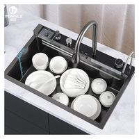 Évier de cuisine multifonctionnel de luxe noir intelligent moderne en acier inoxydable avec cascade, lave-gobelets, écologique, économiseur d'eau 1