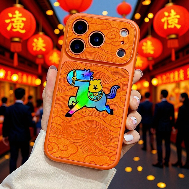 Rainbow Laser Gradient Leather Horse Mobile Phone case for iPhone 17 16 15 14 Pro Max Clouds Embossed Linen Textured Back Cover