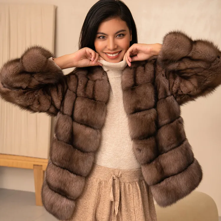 Preço de fábrica Fluffy Elegante Casaco De Pele De Vison Real Casaco De Jaqueta De Luxo Inverno Quente Grosso Mulheres Real Sable Casaco De Pele