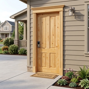 Porte d'entrée en bois massif en pin, six panneaux, porte extérieure battante, grain naturel, porte d'entrée de véranda - Product Image 4