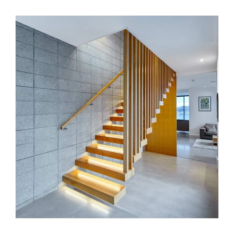 Ace Modern Wooden Staircase Floating Straight Stairs Timber Invisible Stringer Cable Railing Floating Staircase