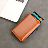 Dompet Kartu Pop Up Kulit Asli Berlapis Lilin Warna Kustom Label Pribadi Grosir OEM