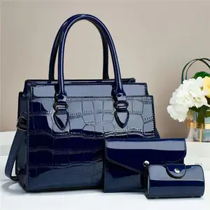 Hot sale classic alligator ladies hand bag purse handbag set large capacity 3pcs patent leather tote bags for women