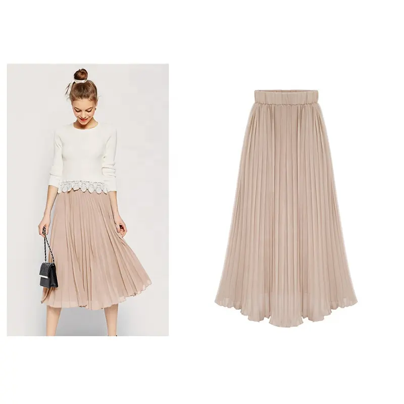 RUYI Versatile High Waist Chiffon Skirt Autumn A-line Pleated Skirts Midi Plain Dyed Woven 100% Polyester for Women Adults