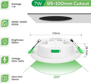 Plafonnier encastré COB 7W à haut lumen, IP44, résistant au feu, moderne, sans cadre, LED 3500K blanc chaud, CRI80, aluminium - Product Image 2