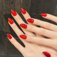 Design #3053 Vente en Gros Ongles À Presser Personnalisés en Acrylique Amande Courts de Couleur Unie, 10 Pièces, Faits Main, Rouge Oeil de Chat, Art Ongulaire en Gel