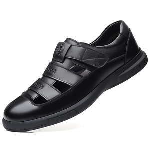 Breathable Leather <b>Clogs</b> For <b>Men</b> Black Velcro Closure Soft Sole Summer Casual Shoes Adult Size 8155 - Product Image 5