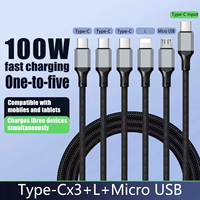 Câble de charge multi-prise standard 1,2 m 100 W 5 en 1, connecteurs Type-C et Micro USB, charge rapide, conducteur en cuivre pur, nylon, pour téléphone portable