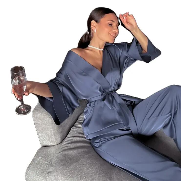 Ensemble pyjama manches longues en Satin pour femme, 3 pièces, tenue de nuit et de maison, chemise de nuit, ensemble 2021, vente en gros