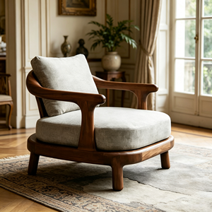 Fauteuil d'appoint, structure en bois massif, tissu en lin <span class=keywords><strong>gris</strong></span> <span class=keywords><strong>clair</strong></span>, fauteuil moderne du milieu du siècle pour salon, villa, hôtel, durable - Product Image 5