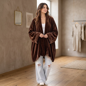PRABHAVA Women's Brown Velvet Viscose/Polyester Collarless Long Kimono <b>Cardigan</b> Loose Fit <b>Midi</b> Length Casual Winter Outerwear - Product Image 1