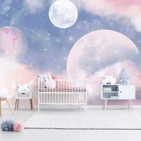 Papier peint mural Art Déco Nuage Rose Bleu Planète Lune, ciel étoilé doux, personnalisable, pour chambre de bébé fille, décoration intérieure pour enfants