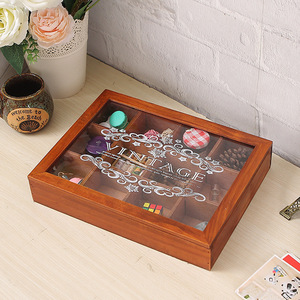 Boîte de rangement en bois à douze compartiments avec couvercle en verre pour bijoux, organisateur de bureau, capacité 4L - Product Image 2