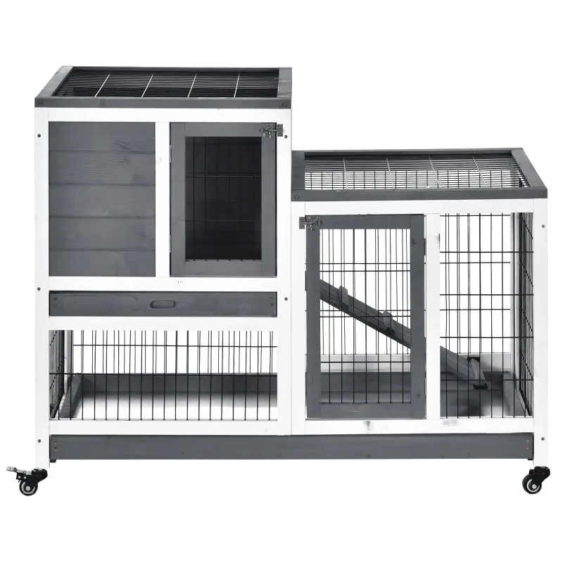 Pet Supplies Easy Assemble 2-Tier Fir Indoor Grey And White Bunny Cage Wood Rabbit Hutch With Four Wheels For Small Animals