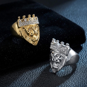 Crown Lion Head Men's <b>Ring</b> <b>Titanium</b> Steel Plated 18K Gold Diamond Inlaid Hip Hop Jewelry Gift - Product Image 1