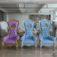 Chaise Trône de Luxe Bleu Ciel avec Couronne Argentée, Dossier Haut, Sculptée à l'Occidentale, pour Mariages et Événements, Fabrication Personnalisée