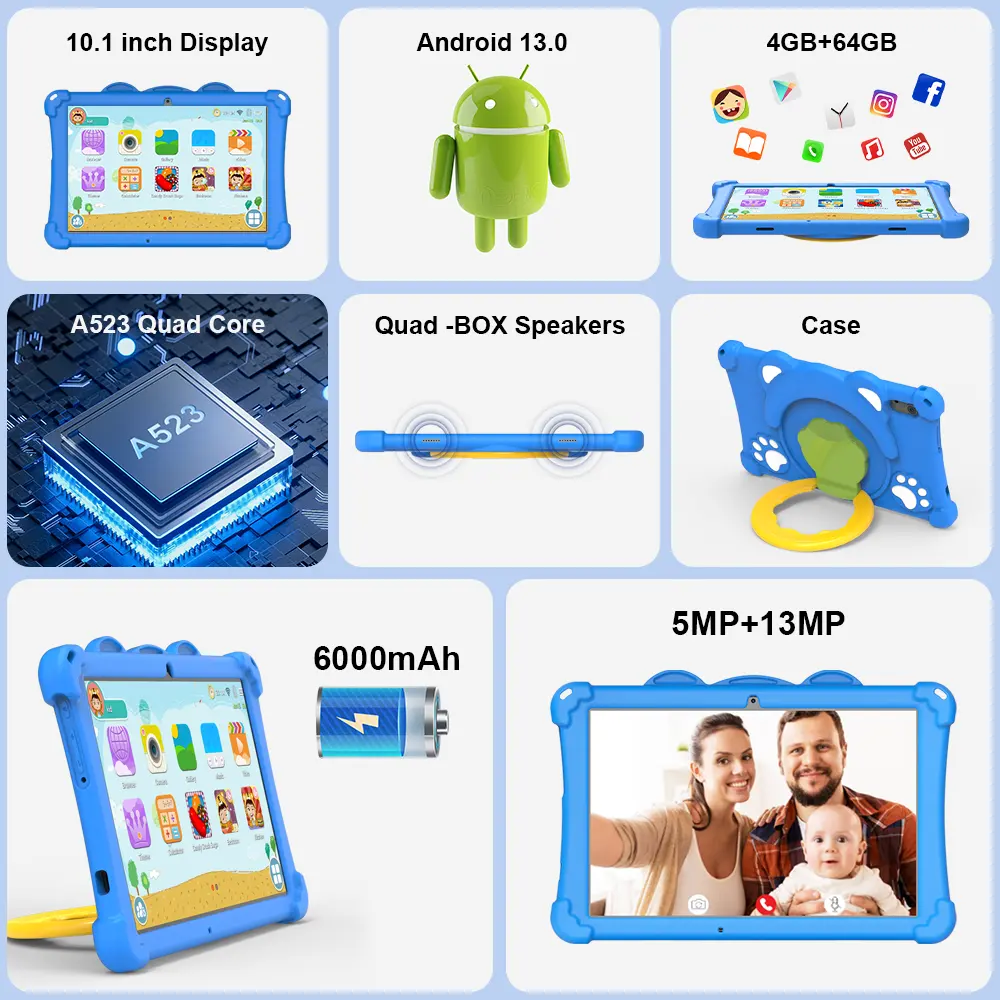 Новый 2024 10,1 дюймов 4 ГБ + 64 ГБ детский планшет Android 13,0 WlFl пишущий планшет для детей развивающая машина для чтения KidsTablet