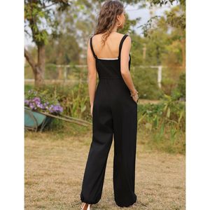 Mono negro sin mangas para mujer, de pierna ancha, informal, para verano, con bolsillos, transpirable, de cintura media y ajuste holgado. - Product Image 5