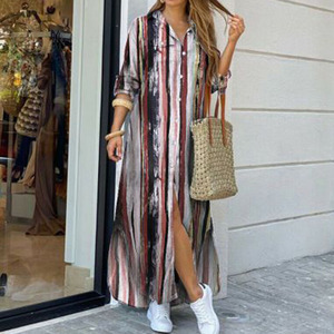 Robe chemise longue imprimée à manches longues et poches pour femme, fendue, grande taille, élégante, décontractée et ajustée - Product Image 2