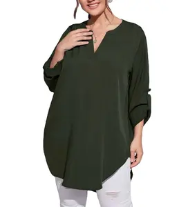 Custom Ladies Clothing Casual Blouse Solid Roll Up Sleeve Asymmetrical Curved Hem Notch Neck Plus Size Women's Blouses