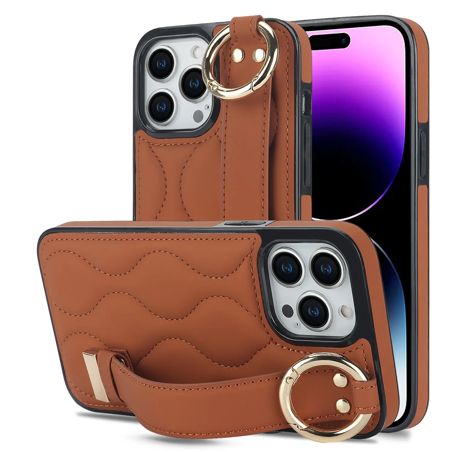 Luxury PU Leather Wrist Strap Phone Case Ring Stand Holder Back Cover Wristband Case for iPhone XS XR 11 12 13 14 15 Pro Max