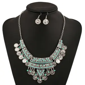 ZQB307 Hot sale Fashion coins necklace and earrings set Vintage chunky necklaces jewelry set wholesale