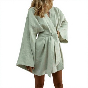 Kimono de Lino de Lujo con Cuello en V y Manga Tres Cuartos para Mujer, Vestido Corto Transpirable de Color Sólido para Verano, Otoño y Primavera - Product Image 5