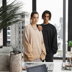 T-shirts unisexes à manches longues en coton 100% uni surdimensionné à col rond 275 g/m² lavés à l'ancienne à épaules tombantes pour hommes - Product Image 3