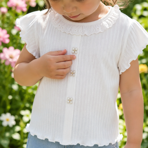 Adorable Camiseta de Verano para Bebé Niña, Manga Corta, Viscosa, Tejido Acanalado, Detalle de Encaje, Borde Ondulado - Product Image 2