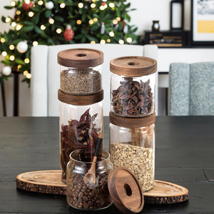 Bocal en borosilicate transparent hermétique pour la cuisine, le café, les épices, la confiserie et le stockage des aliments bocal en <span class=keywords><strong>verre</strong></span> avec couvercle en bois d'acacia - Product Image 1