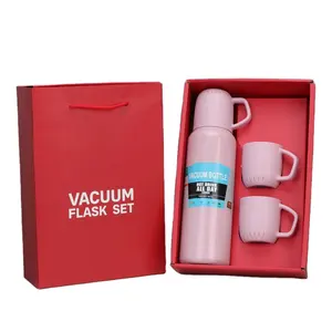 Flask Set Macron Color Corporate Business Stainless Steel Vacuum Thermos Set One Cup Two Lid Gift Box 538ML Termico Water Bottle