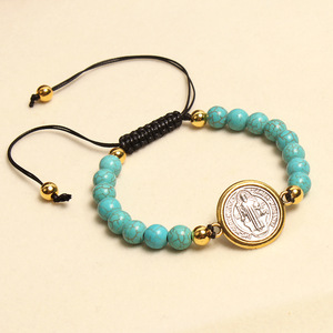 Pulsera Católica de <span class=keywords><strong>San</strong></span> <span class=keywords><strong>Benito</strong></span> con Cuentas de Turquesa, Rosario Tejido Ajustable, Artículo Sagrado de Exorcismo, Joyería de Cuentas de Oración al por Mayor - Product Image 3