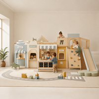 Aire de jeux intérieure personnalisée pour enfants, thème Océan Bleu, avec mini-ville, boutique, toboggan et piste routière