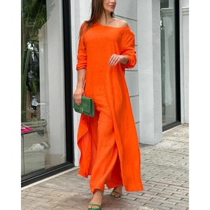 Women's Cotton and Linen Casual Big Yards Irregular Long-sleeved <b>Tops</b> Wide-legged Pants 2-piece Set Fashion - Product Image 5