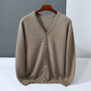 Cestom Herbst Winter Herren V-Ausschnitt Einreihiger Einfarbiger Locker Sitzender Strick 100% Kaschmir Cardigan Lässiger Außenpullover - Product Image 4