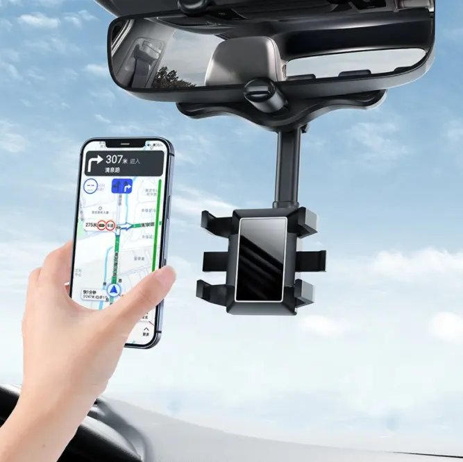Car Rearview Mirror Mount Phone Holder Universal Vehicle Mount Phone GPS Holder Rotating Adjustable Telescopic Phone Holder