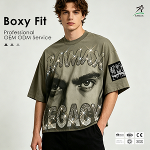 เสื้อยืดโอเวอร์ไซส์ RAMAX สำหรับผู้ชาย แขนสั้น ผ้าฝ้าย 100% พิมพ์ลายกลิตเตอร์ ประดับเพชร ลายรูปภาพ สไตล์สตรีท คอกลม - Product Image 1
