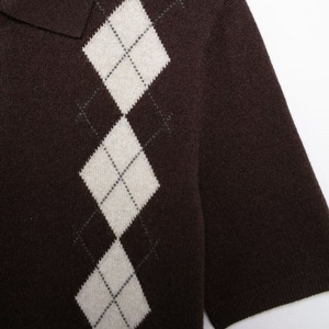 Womens Spring New Fashion Diamond Color Matching Half-Sleeved <strong>Cardigan</strong> <strong>Sweater</strong> for POLO Shirt Half-Lapel - Product Image 4