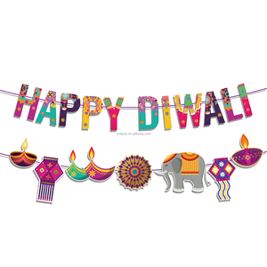 Huancai Happy Diwali bannière Festival de lumières <span class=keywords><strong>guirlande</strong></span> de lampes Deepavali banderole en papier pour Hindu Diwali fournitures de fête - Product Image 1
