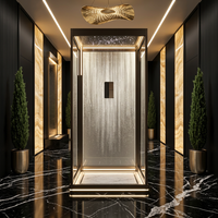 Cabine d'ascenseur panoramique de luxe avec cadre en acier inoxydable couleur or champagne, panneau mural en verre trempé et panneau en bois veiné, et éclairage LED au plafond